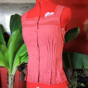 Button Front Eyelet Pleated Tank Top